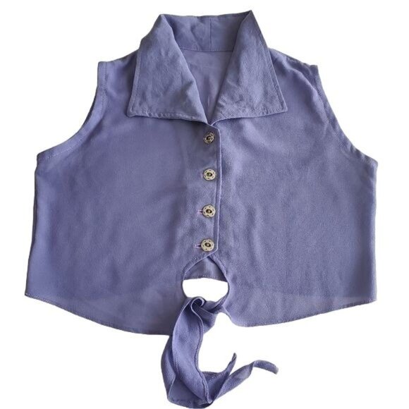 womens Crop Top purple blouse Sz Medium collared button front drawstring - Picture 6 of 7